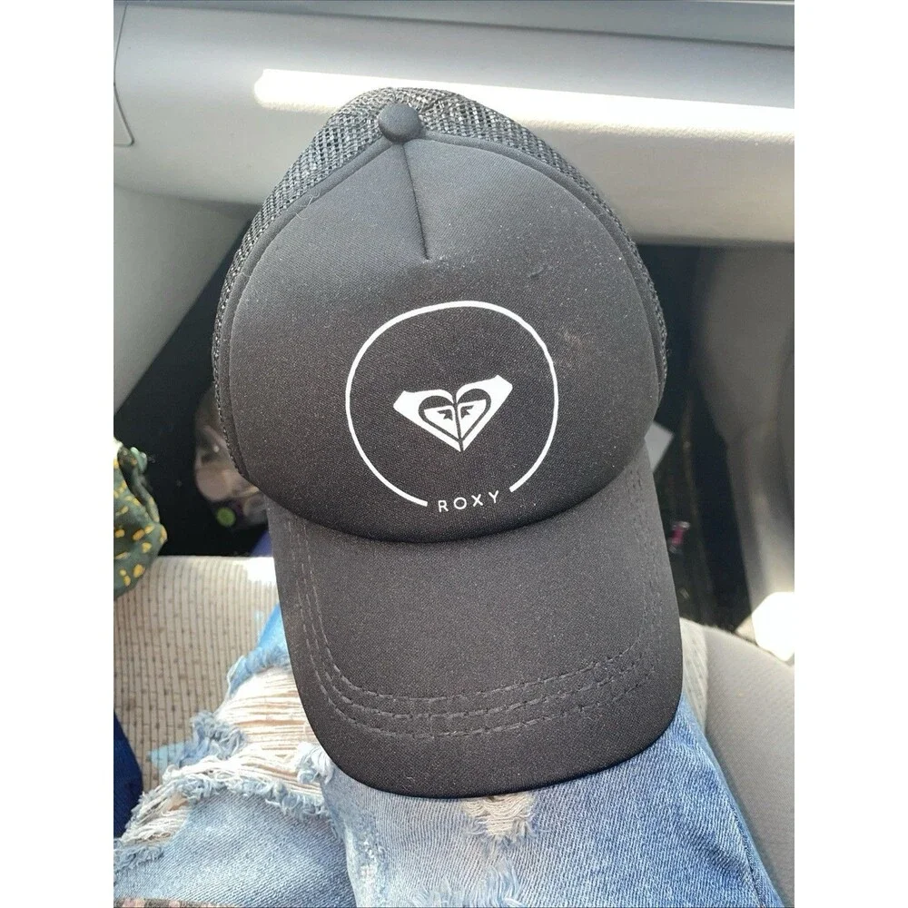 Roxy Women’s Black Trucker Hat Mesh Snapback Cap White Logo Circle Adjustable